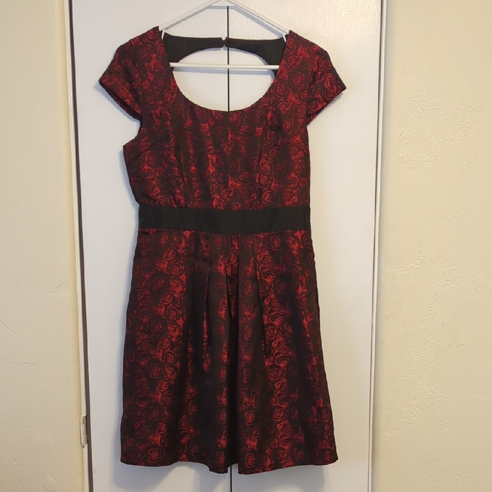 Minuet Petite Red and Black Fit and Flare Cocktail Dress